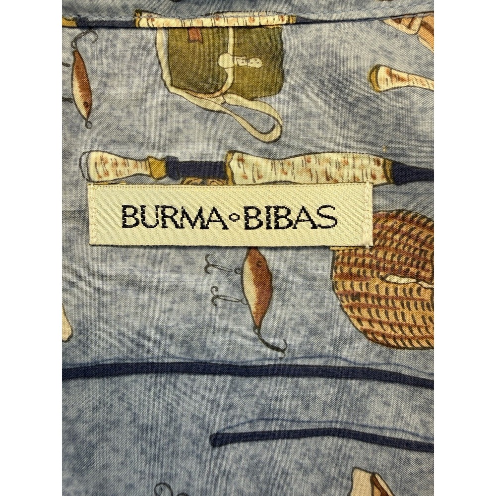 Vintage Burma Bibas Mens L Fishing Shirt Cotton Lawn Fly Rod Lure Novelty Print - Picture 2 of 11